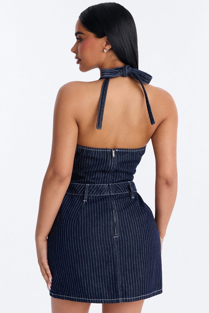 Alexa Halter Denim Mini Dress - Dark Wash