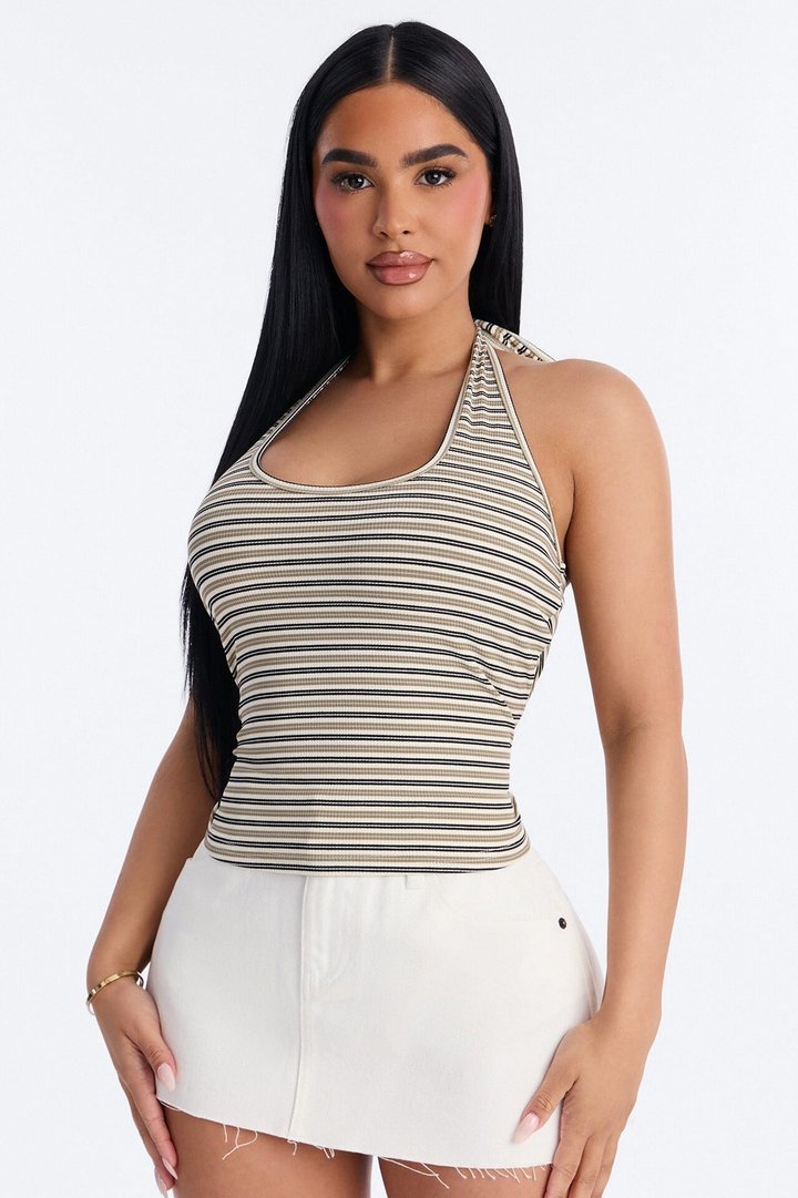 Lulu Ribbed Striped Scoop Neck Halter Top - Olive/combo