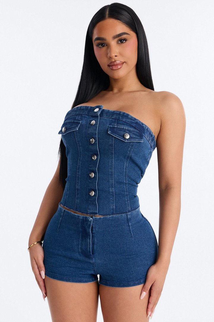 Violetta Denim Corset Micro Short Set - Blue Wash