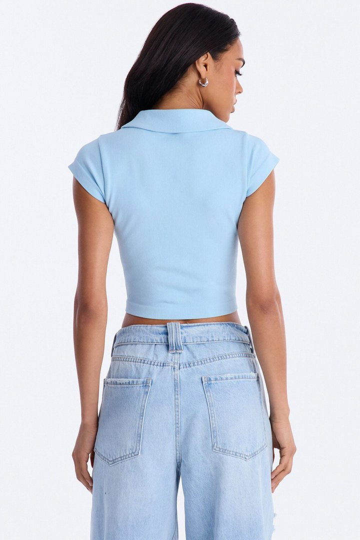 Camila Cap Sleeve Basic Polo Top - Light Blue