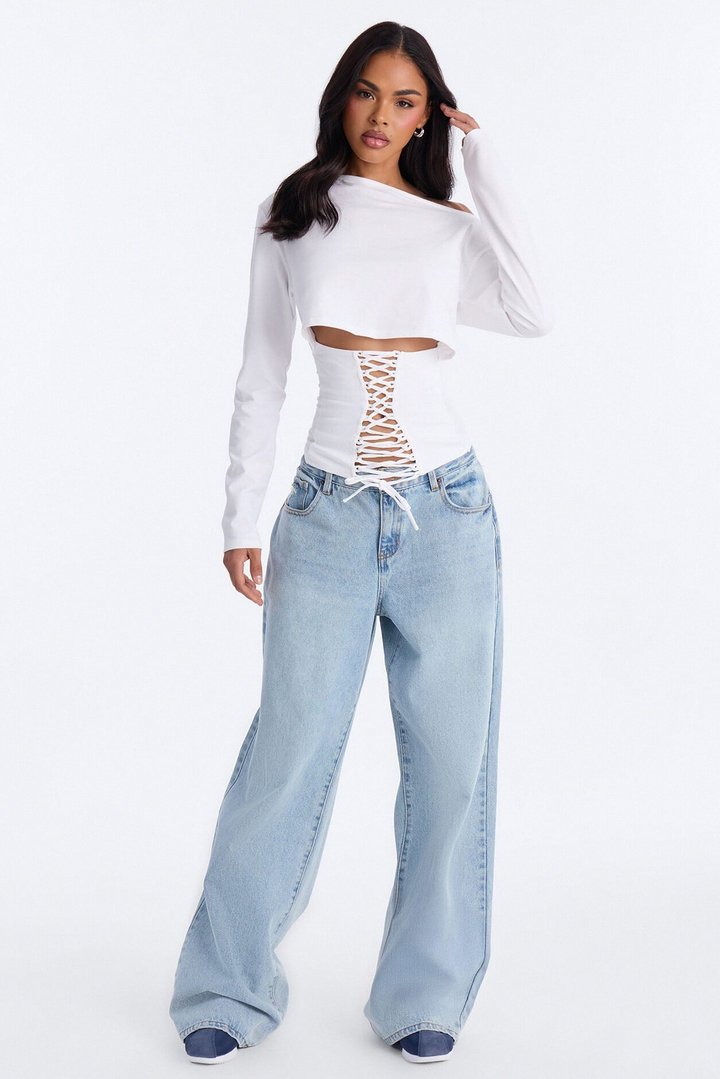 Olandria Off Shoulder Lace Up Long Sleeve Top - White