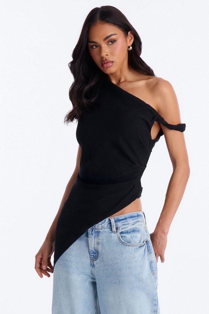 Butter And Baguettes Only One Shoulder Linen Top - Black