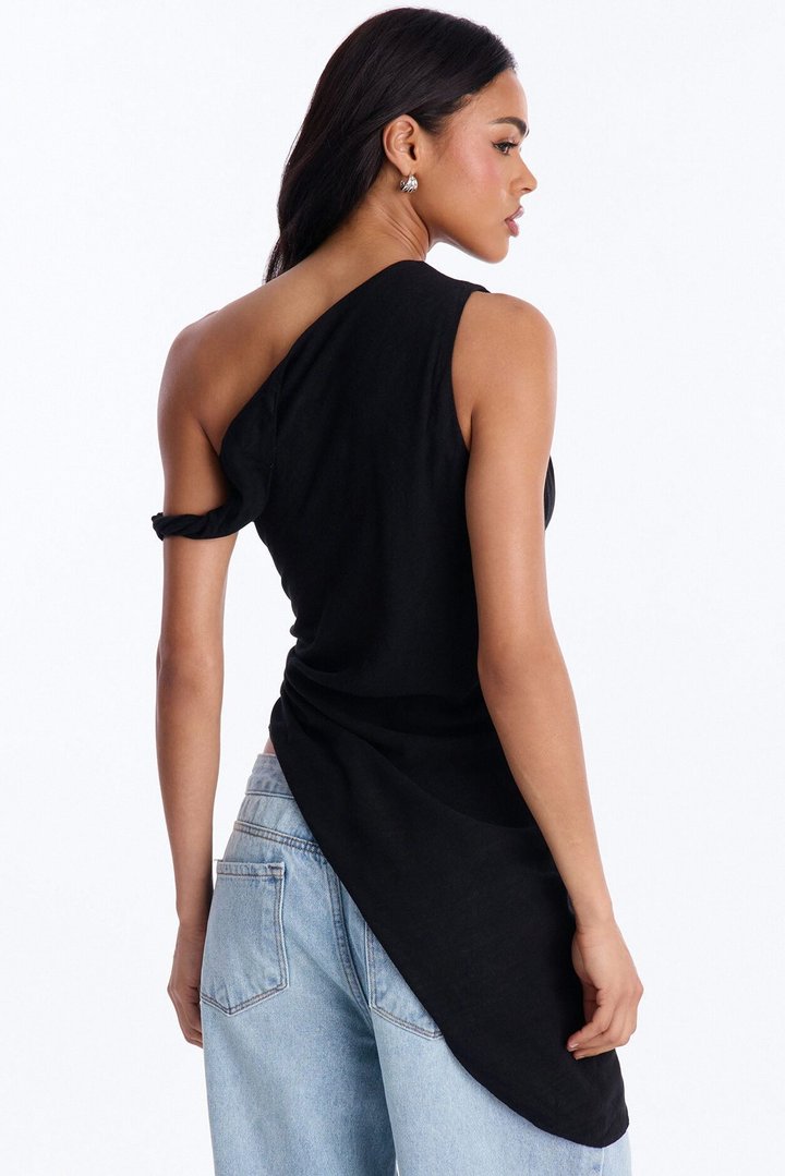 Butter And Baguettes Only One Shoulder Linen Top - Black
