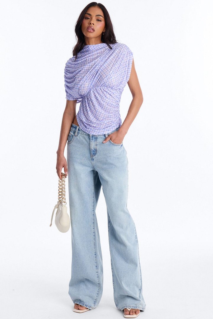 Picnic Date Plaid Mesh Ruched Short Sleeve Top - Lavender/combo