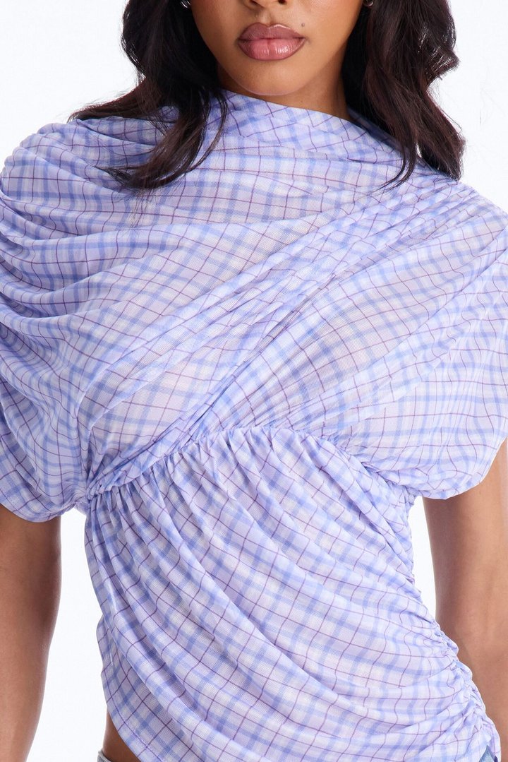 Picnic Date Plaid Mesh Ruched Short Sleeve Top - Lavender/combo