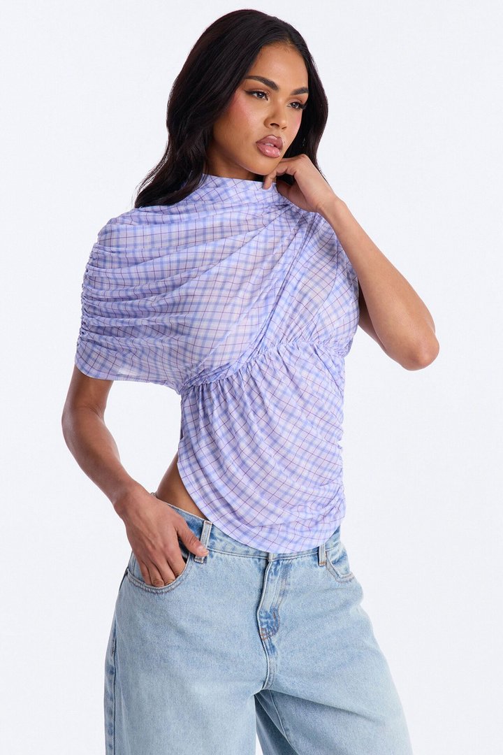 Picnic Date Plaid Mesh Ruched Short Sleeve Top - Lavender/combo