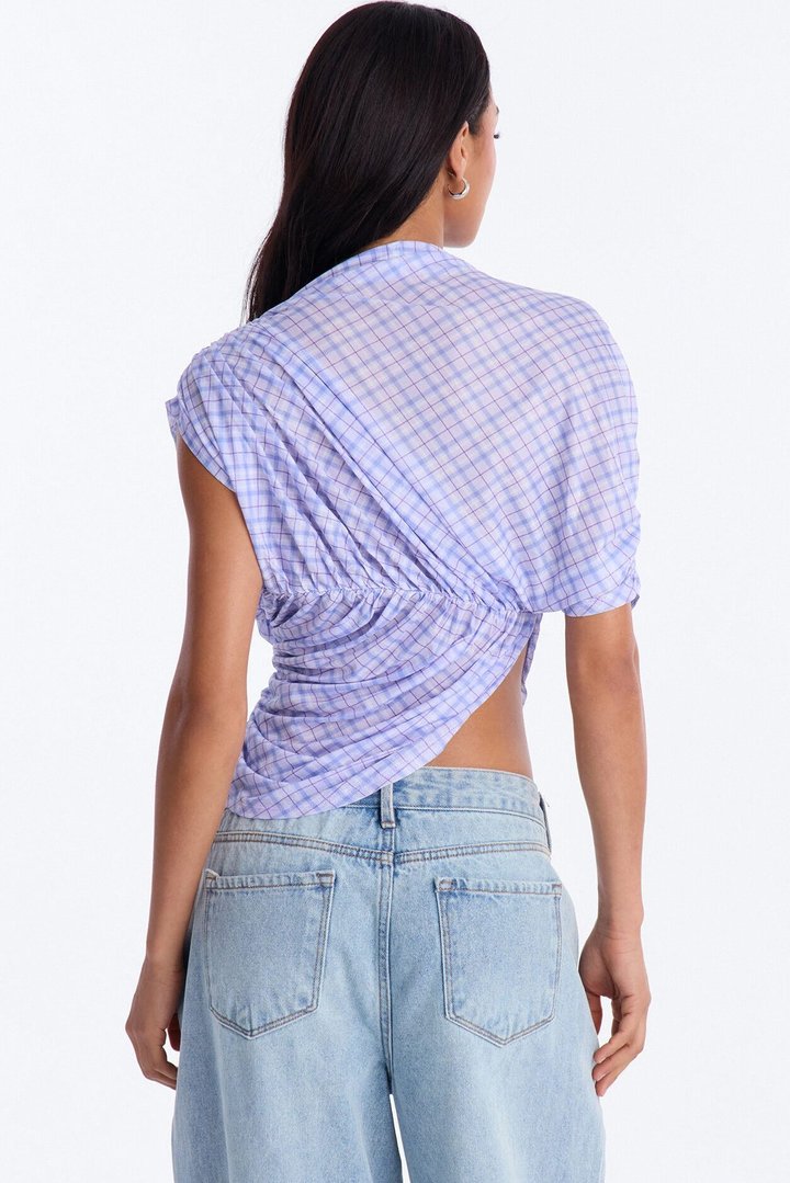 Picnic Date Plaid Mesh Ruched Short Sleeve Top - Lavender/combo