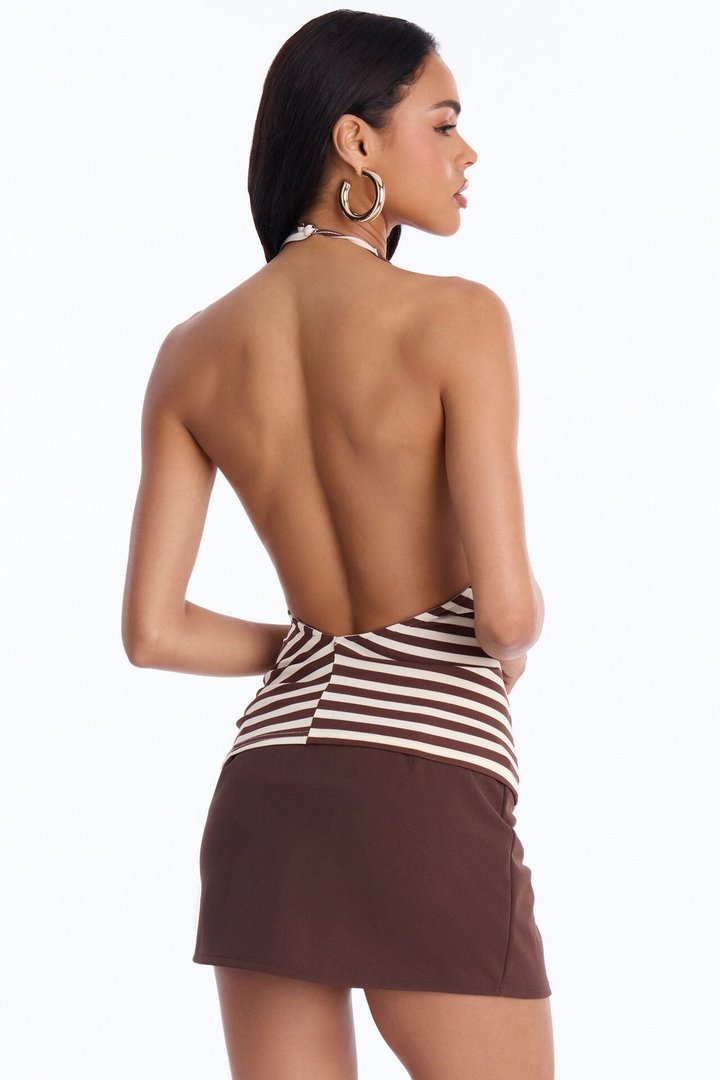 Steph Striped Draped Tie Halter Top - Mocha/combo