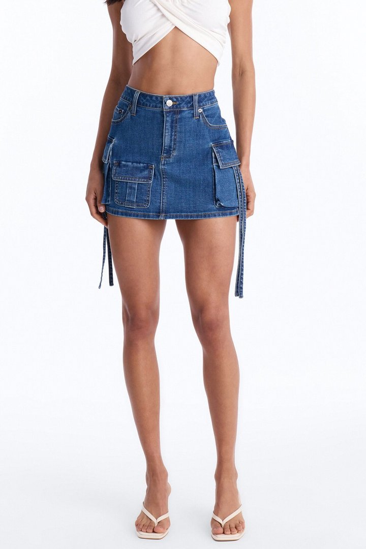 Dahlia Mid Rise Denim Cargo Mini Skirt - Dark Wash