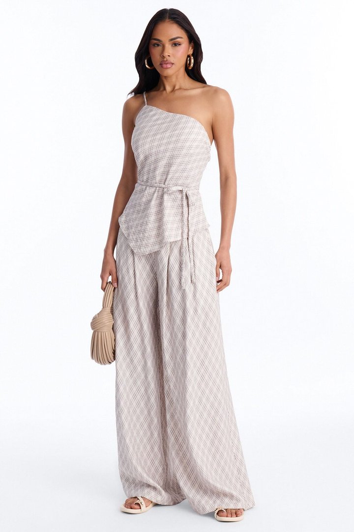 Natalia Plaid One Shoulder Pant Set - Cream/combo