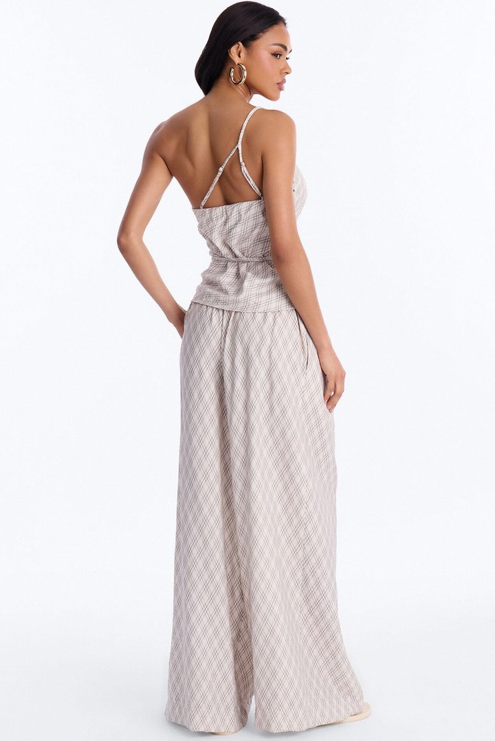 Natalia Plaid One Shoulder Pant Set - Cream/combo