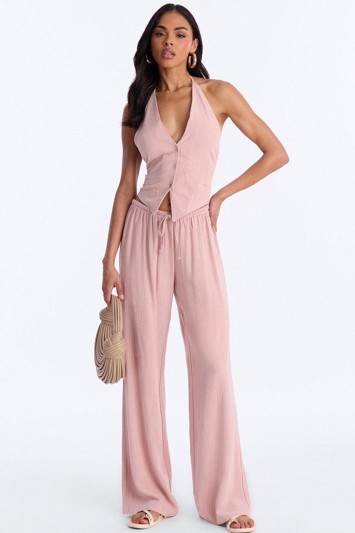 Girl Gone Wild Pinstripe Linen Halter Top - Blush