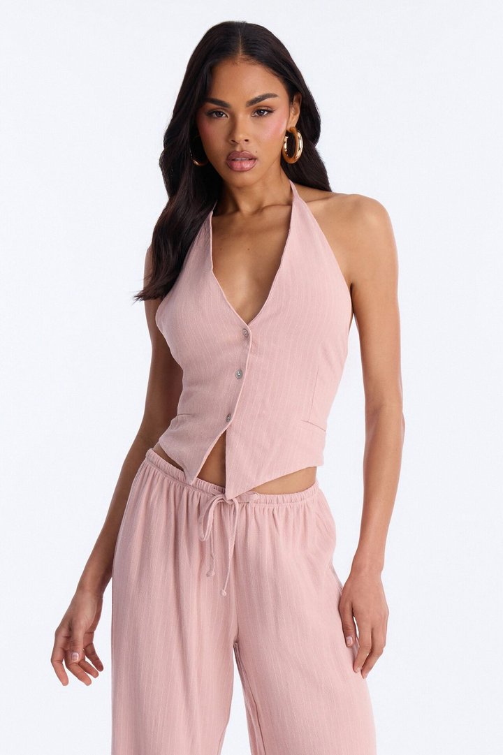 Girl Gone Wild Pinstripe Linen Halter Top - Blush