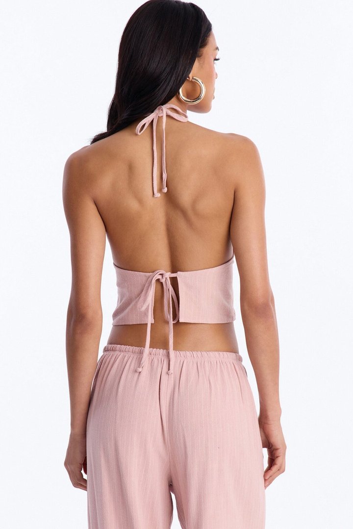 Girl Gone Wild Pinstripe Linen Halter Top - Blush