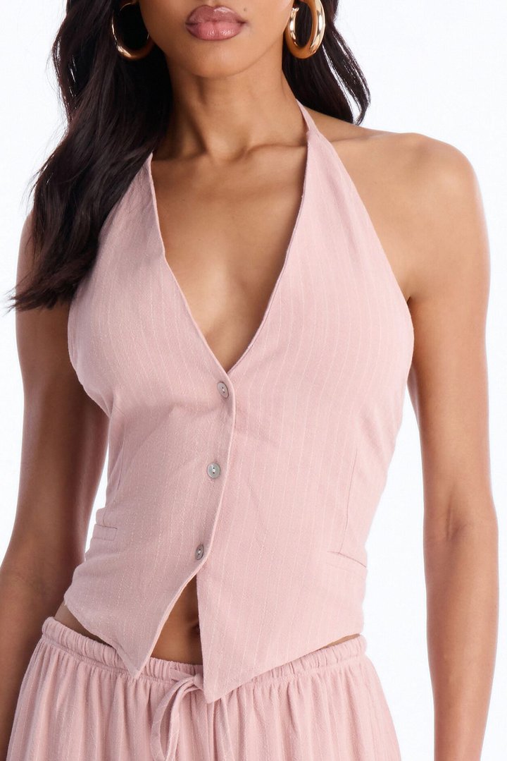 Girl Gone Wild Pinstripe Linen Halter Top - Blush