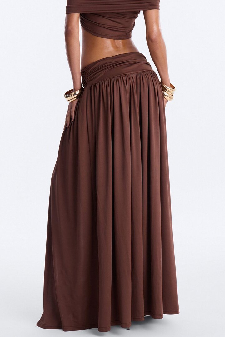 Rae Ruched High Slit Maxi Skirt - Chocolate