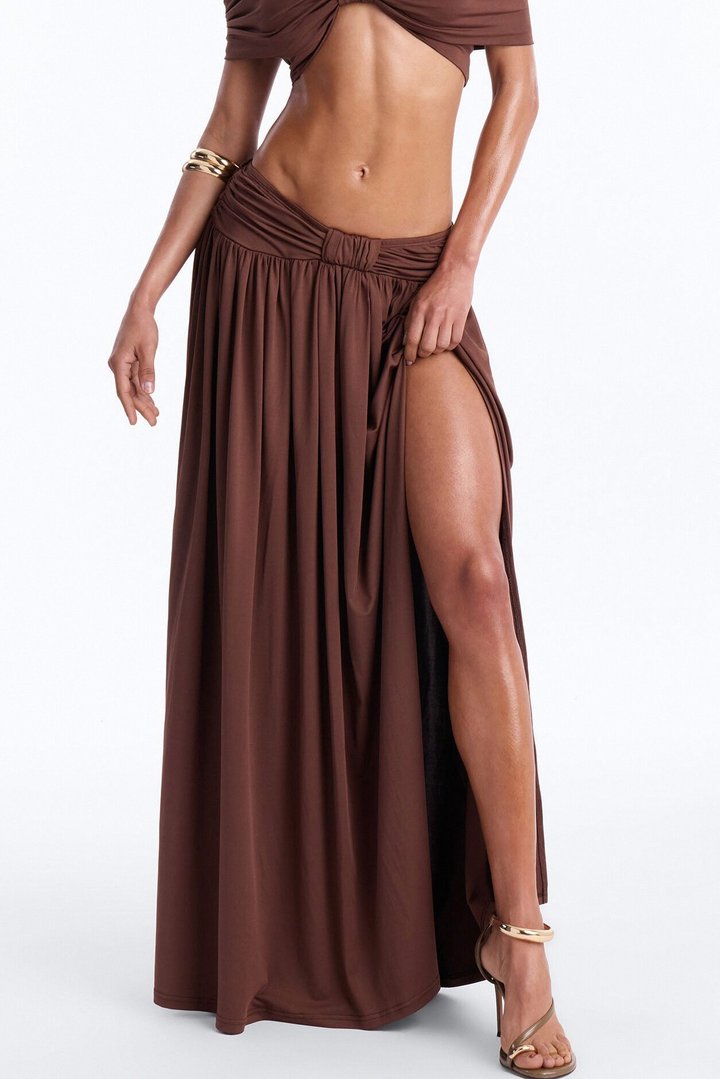 Rae Ruched High Slit Maxi Skirt - Chocolate
