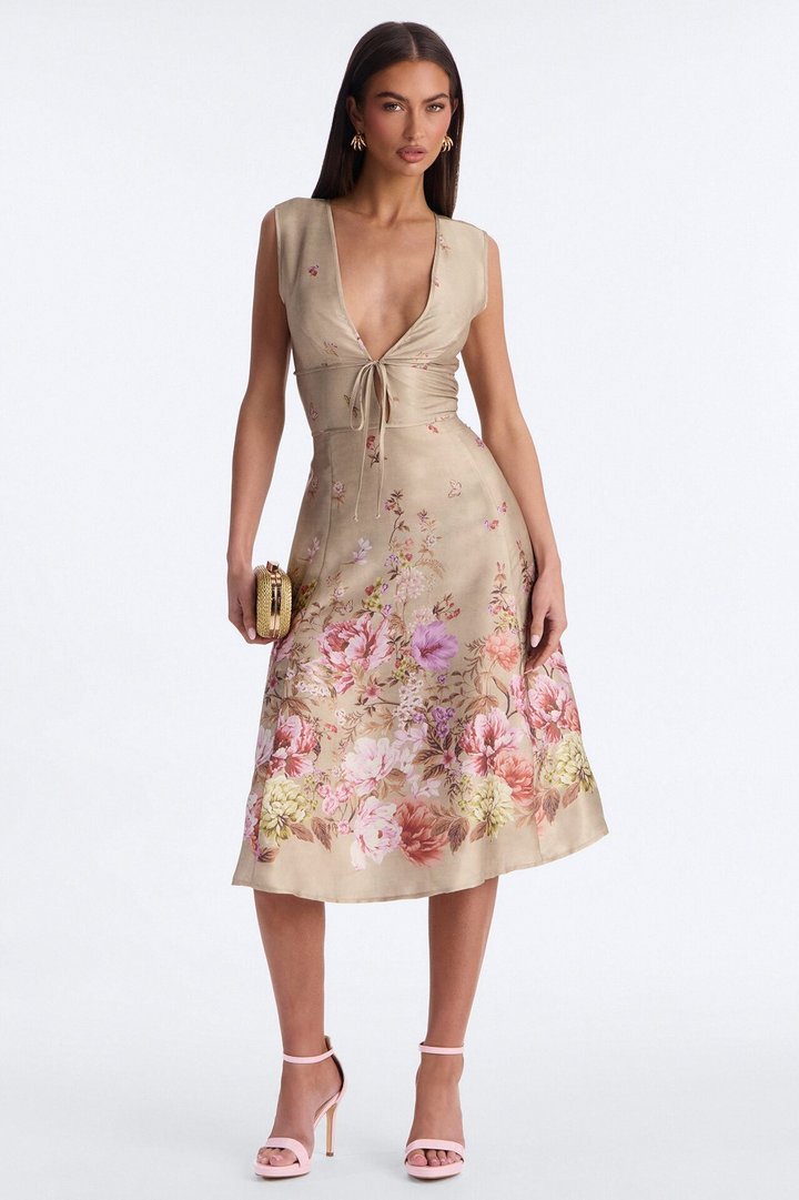 Selene Sleeveless Floral Satin Midi Dress - Brown/combo