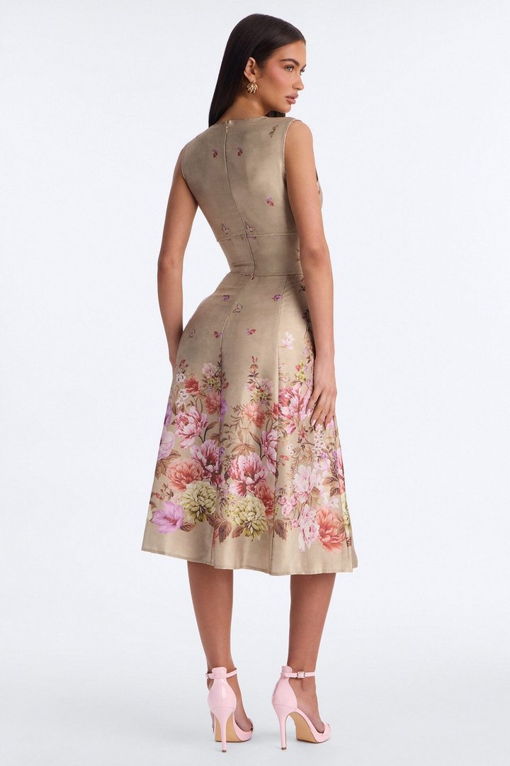Selene Sleeveless Floral Satin Midi Dress - Brown/combo