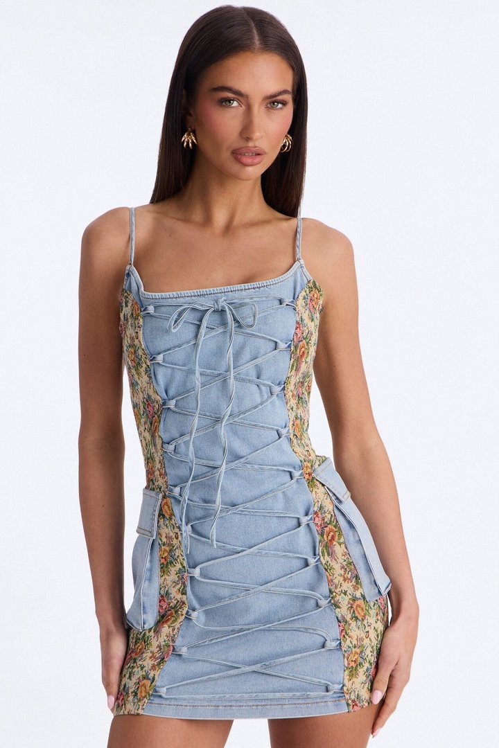 Belle Floral Stretch Denim Mini Dress - Denim