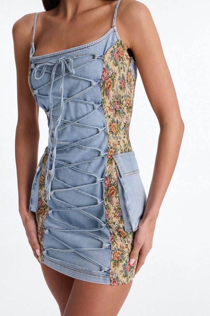 Belle Floral Stretch Denim Mini Dress - Denim