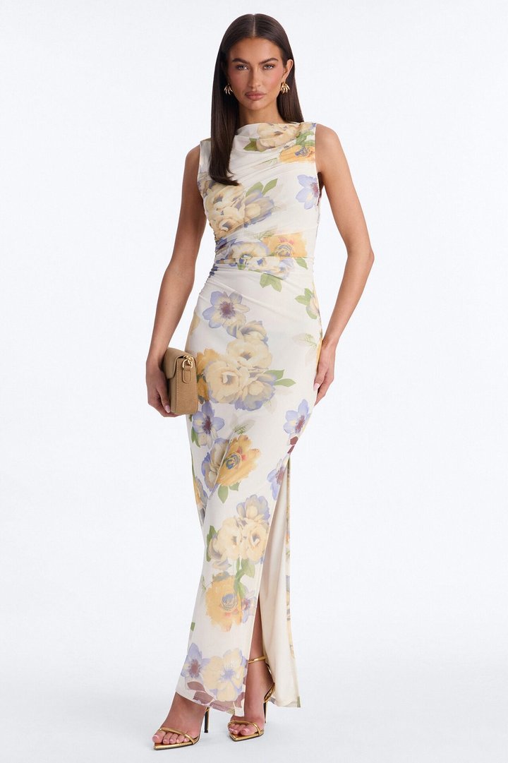 Skyla Ruched Mesh Maxi Dress - Yellow/combo