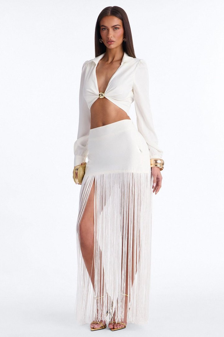 Kendell Fringe Trim Maxi Skirt - White