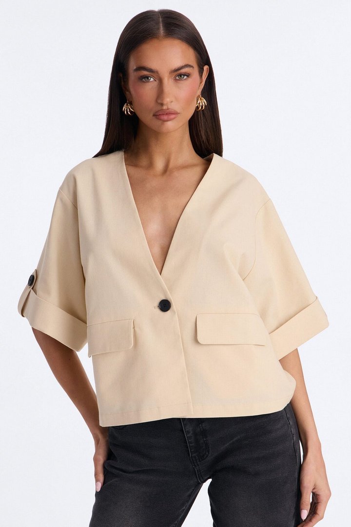 Ready When You Are Cuffed Linen Top - Beige