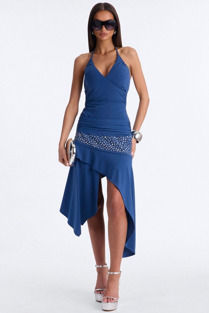 Hallie Studded Asymmetrical Midi Dress - Navy