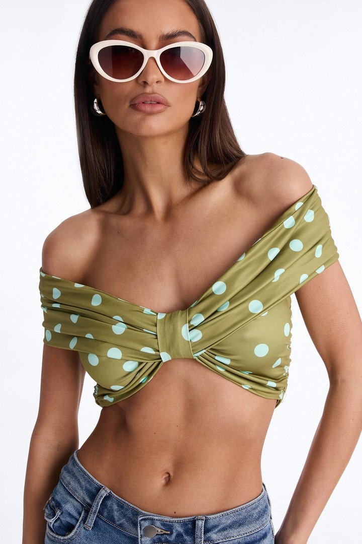 Nina Off Shoulder Ruched Polka Dot Crop Top - Olive/combo