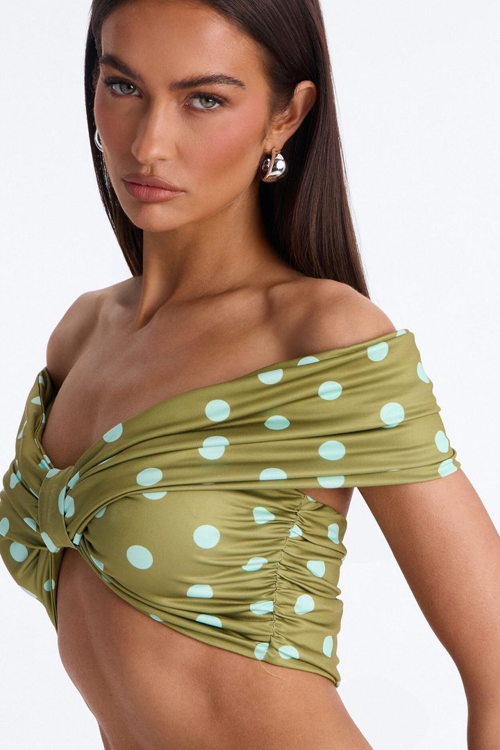 Nina Off Shoulder Ruched Polka Dot Crop Top - Olive/combo