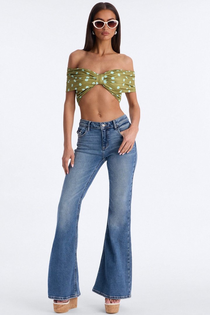 Nina Off Shoulder Ruched Polka Dot Crop Top - Olive/combo