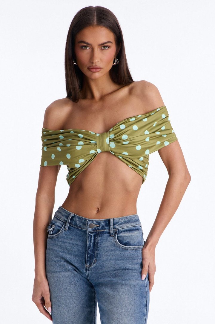 Nina Off Shoulder Ruched Polka Dot Crop Top - Olive/combo