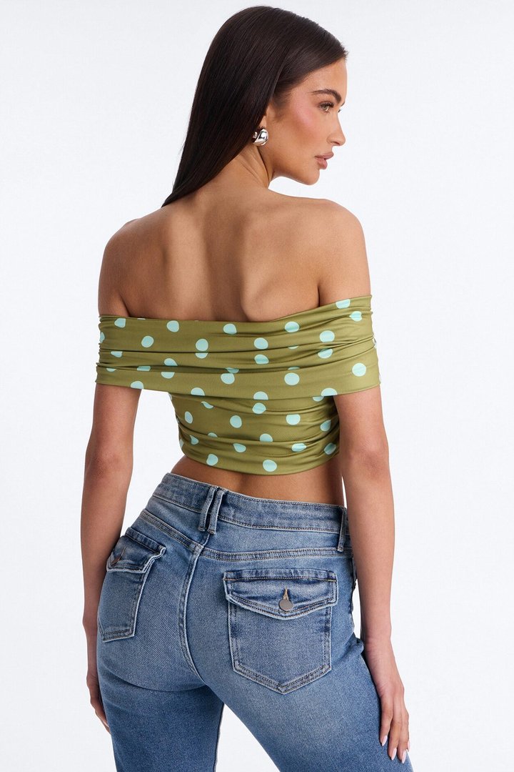 Nina Off Shoulder Ruched Polka Dot Crop Top - Olive/combo
