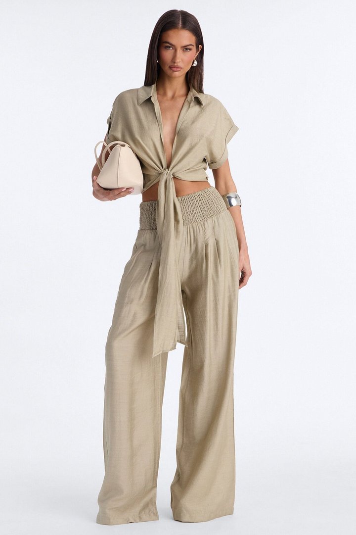 Elena Linen Wide Leg Pant Set - Olive