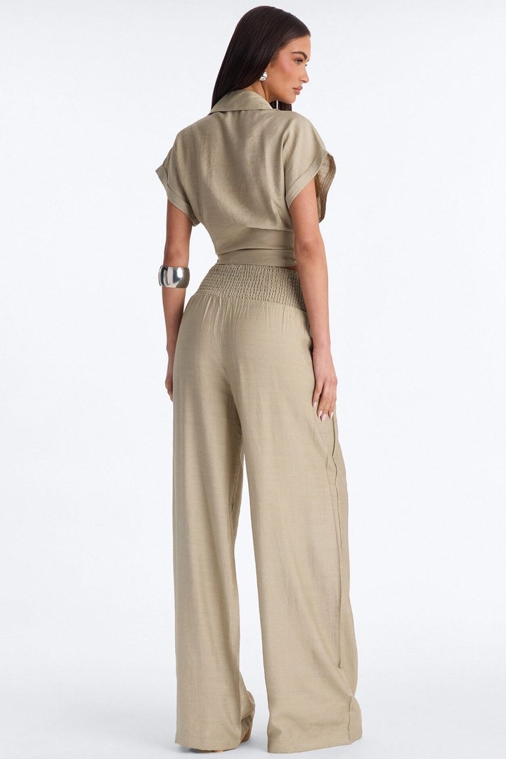 Elena Linen Wide Leg Pant Set - Olive