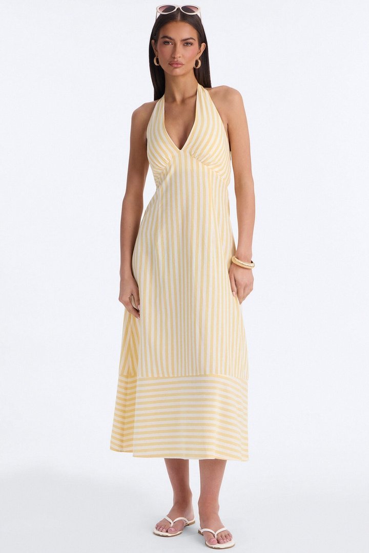 Cordelia Striped Linen Midi Dress - Yellow/combo