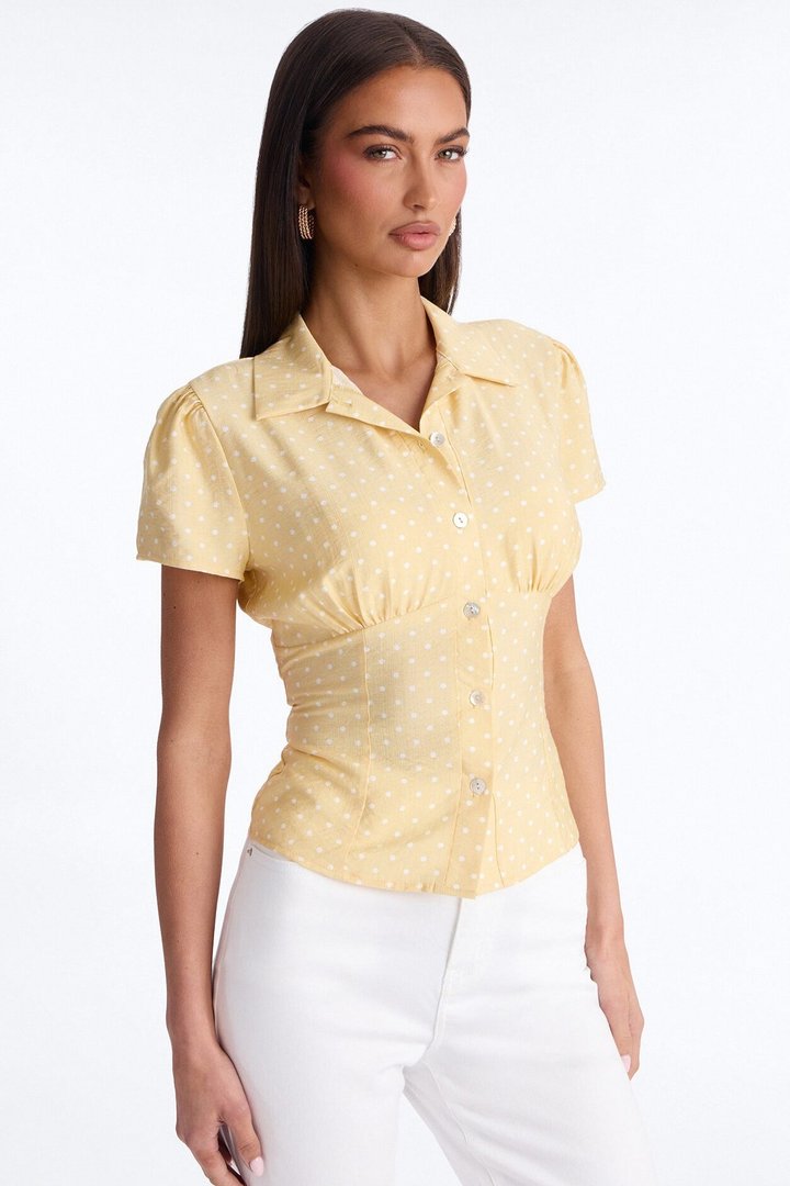 Fresh Season Polka Dot Linen Shirt - Yellow/combo
