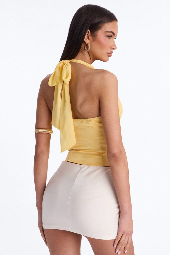 All Eyes Here Tie Neck Satin Halter Top - Yellow