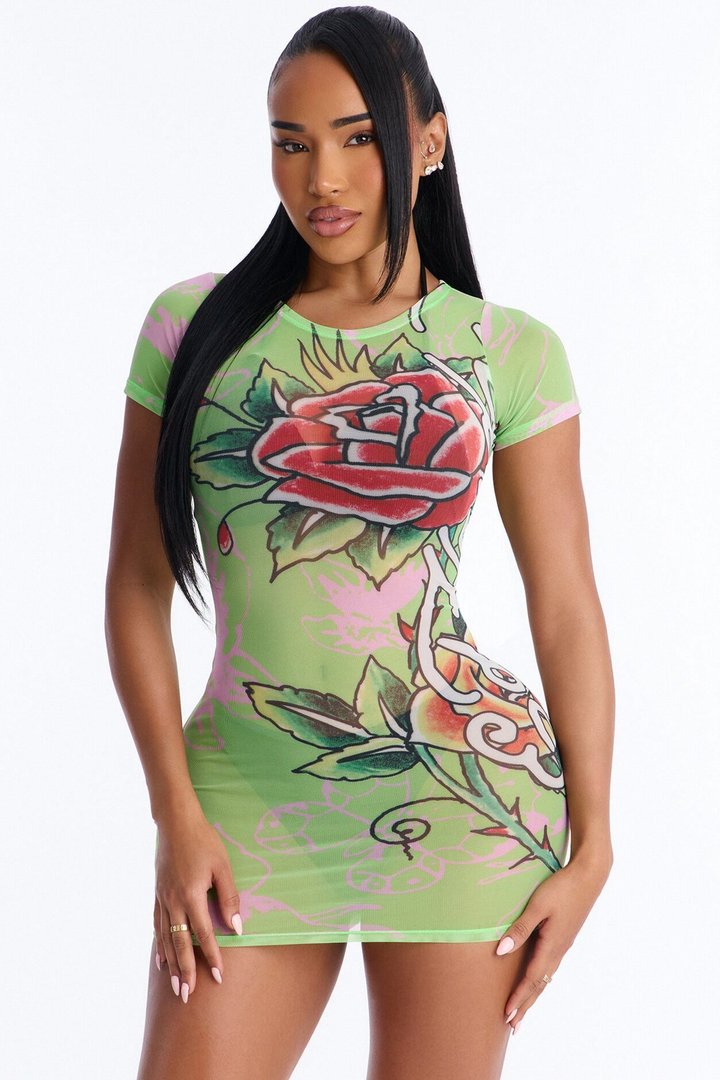 Ed Hardy Roses & Butterflies Mesh Cover Up Dress - Olive/combo