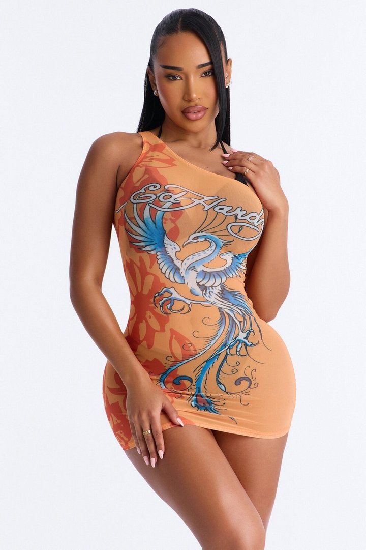Ed Hardy Crane One Shoulder Mesh Cover Up Dress - Orange/combo