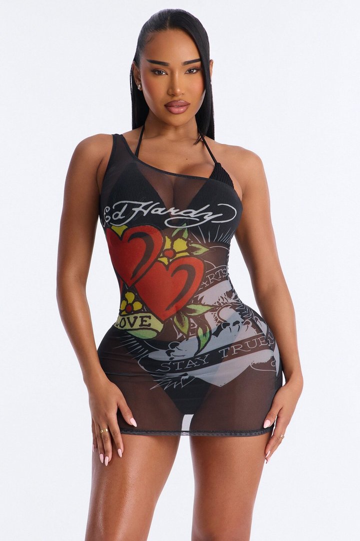 Ed Hardy Hearts One Shoulder Mesh Cover Up Dress - Black/combo