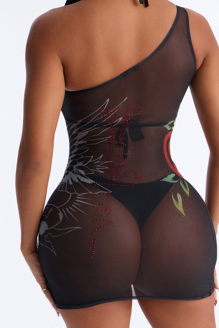 Ed Hardy Hearts One Shoulder Mesh Cover Up Dress - Black/combo