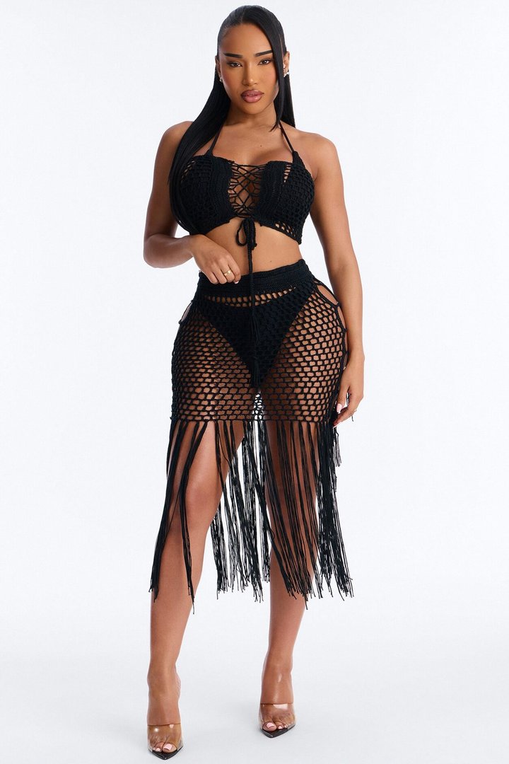 Gemma Lace Up Fringe Trim Swim Cover Up Skirt - Black