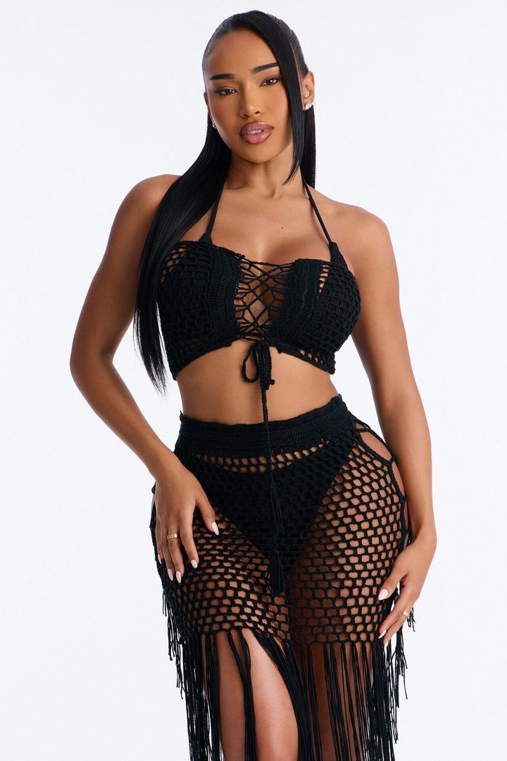 Gemma Lace Up Fringe Trim Swim Cover Up Skirt - Black