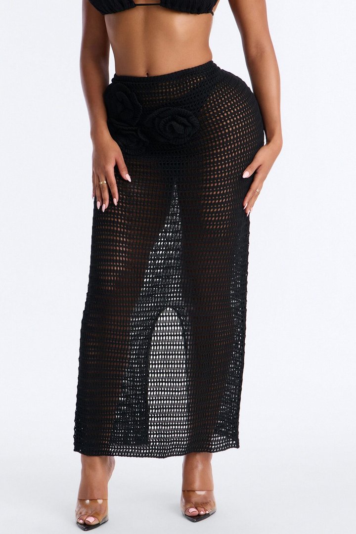 Beach Blossom Floral Swim Sheer Cover Up Skirt - Black