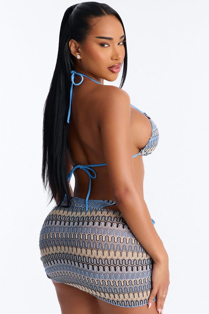Wendy Textured 3 Piece Bikini Skirt Set - Blue/combo