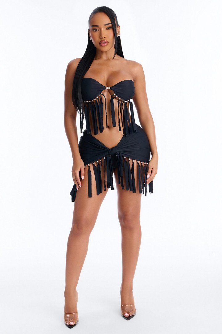 Match My Freak Fringe Bikini And Coverup Skirt - Black