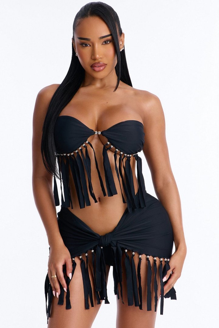 Match My Freak Fringe Bikini And Coverup Skirt - Black