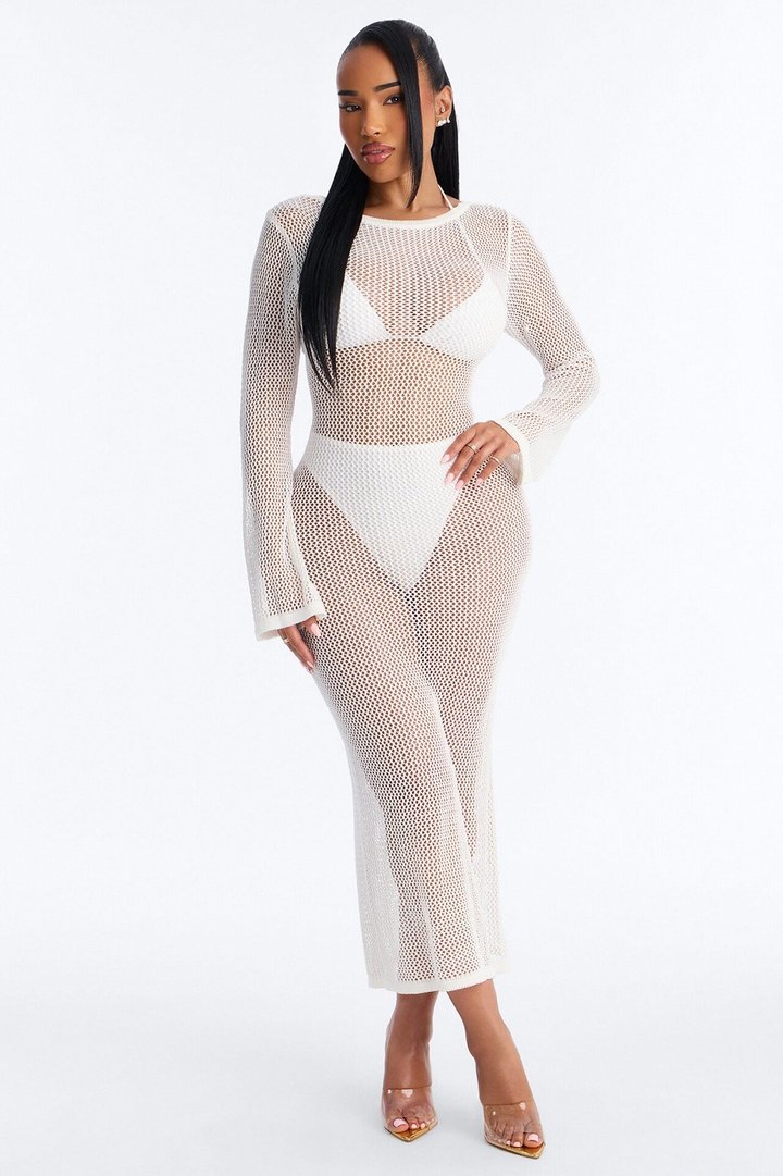 Coastal Veil Crochet Cover Up Bell Sleeve Dress - White